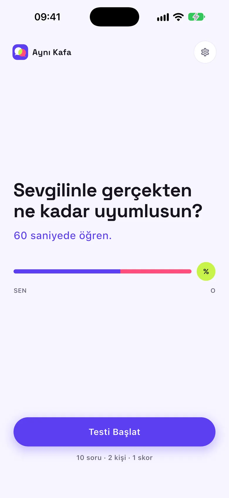 Aynı Kafa ana ekranı: Sevgilinle gerçekten ne kadar uyumlusun? 60 saniyede öğren.