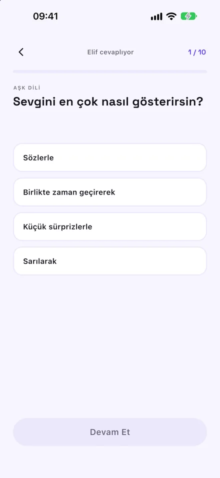 Soru ekranı: Elif cevaplıyor, 1/10. Aşk dili: Sevgini en çok nasıl gösterirsin?