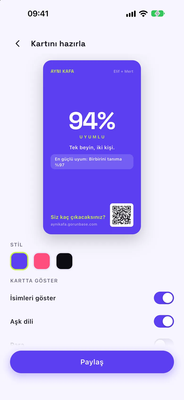 Kartını hazırla ekranı: mor kart üzerinde %94 uyumlu, Elif + Mert, köşede QR kod; altında stil ve kartta göster seçenekleri.
